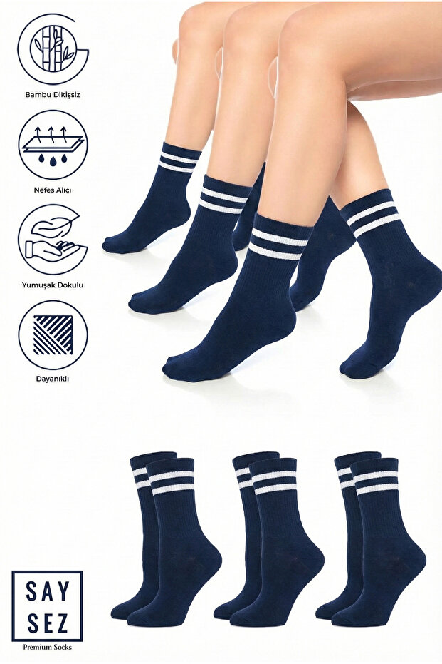 Bamboo Unisex Tennis College Striped Premium Navy Blue Color Stitch-Free Socket Socks 3-Pack