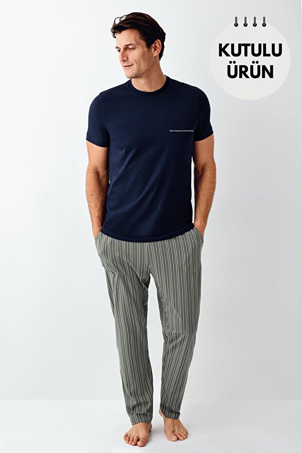 Striped Crew Neck Summer Men's Pajamas Set, Plus Size Pajama Set, 100% Cotton