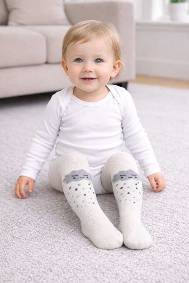 Baby Girl White Blue Cloud Patterned Pantyhose