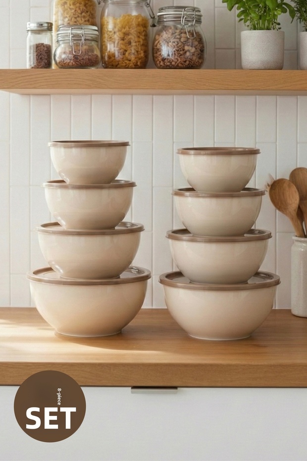Set of 8 Round Bowls Beige | 1L, 1.5L, 2.3L, 3.3L | Multi-Purpose Kitchen Storage Container with Lid
