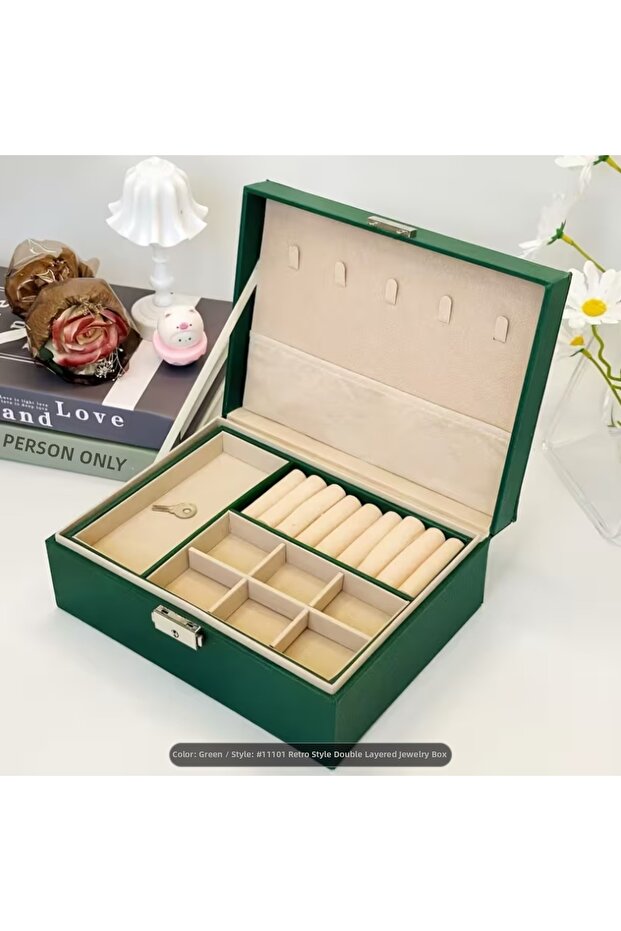 Two-Layer Jewelry Box Green Jewelry Organizer Stylish and Compact Classic Premium