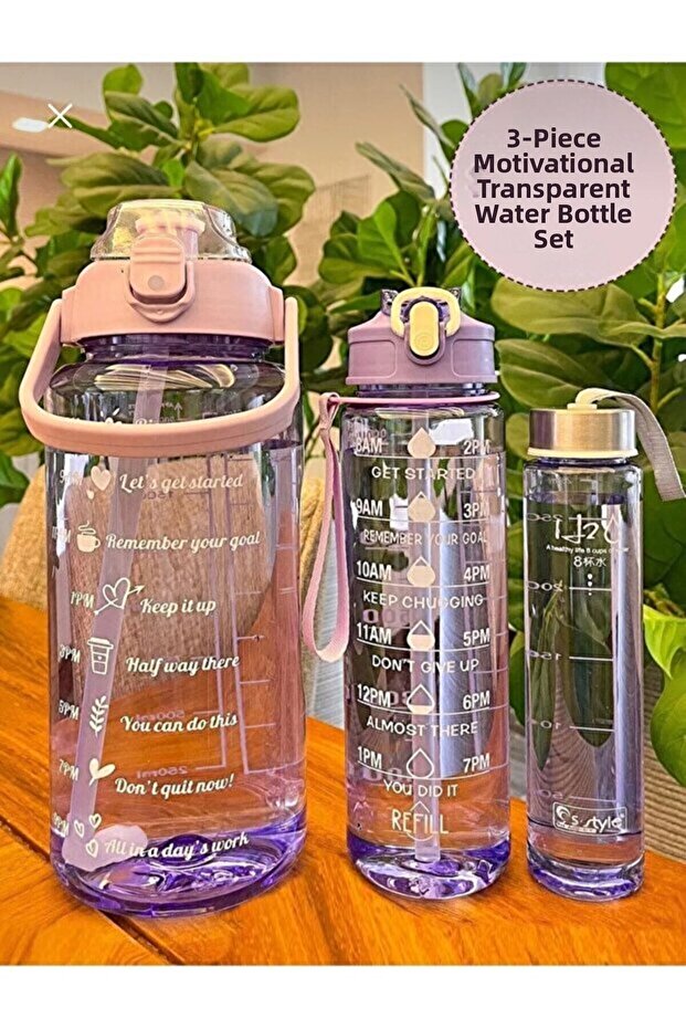 Set of 3 Transparent Motivational Water Bottle Tritan Water Bottle