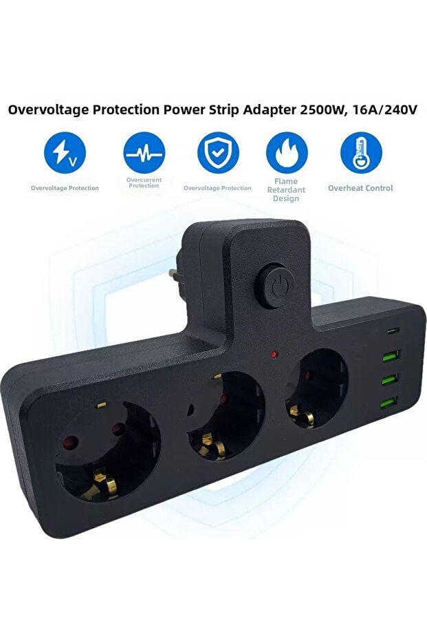 مقبس كهربائي ثلاثي مع حماية حرارية للأطفال، 3 منافذ USB ومنفذ Type-C واحد - 4