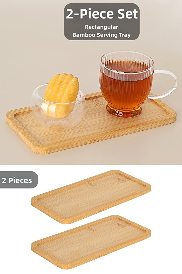 2 Pieces Rectangular Bamboo Presentation Tray - Decorative Presentation Plate Tea Coffee Serving Tray 19X10 cm