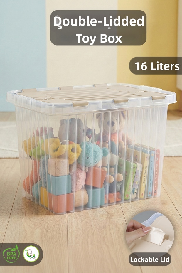Locked Lid Baby Kids Room Storage Box - Organizer Organizer Toy Box Beige - 16 Lt