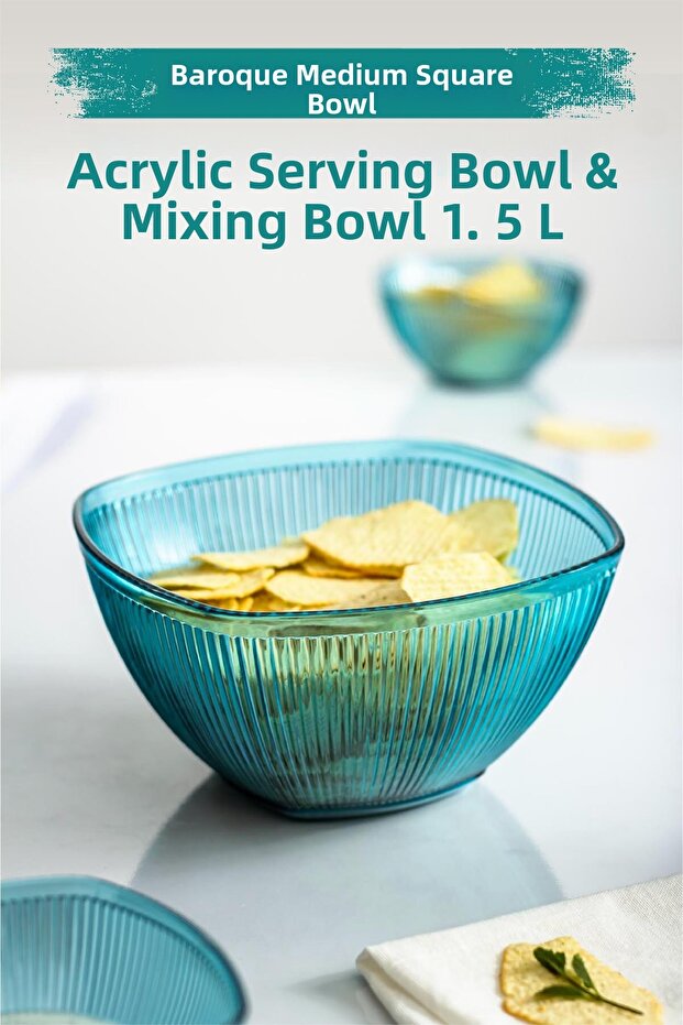Acrylic Baroque Aquamarin Medium Size Square Fruit & Salad Bowl & Mixing Bowl / 1.5 Lt (Not Glass