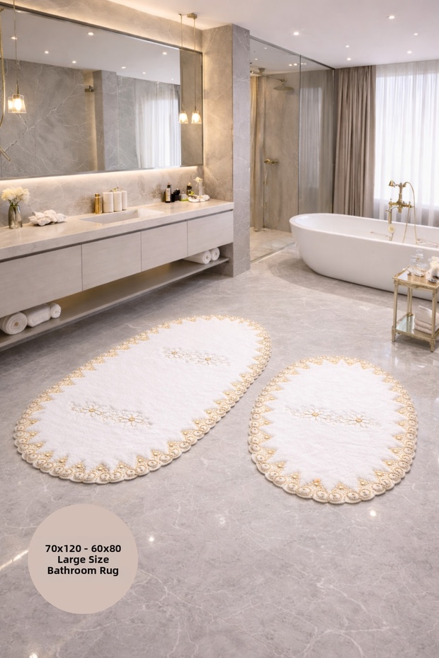 Alvessa White-Gold French Lace Laced Soft Surface Leather Non-Slip Based 2-Piece Bath Mat