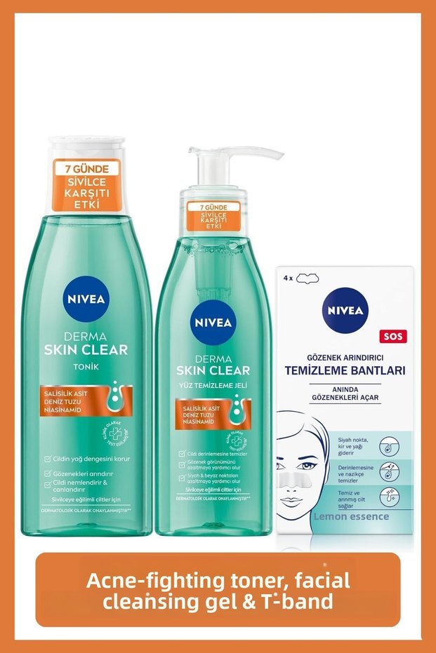 Anti-Blackhead and Acne Facial Care Set, Facial Cleansing Gel 150ml, Toner 200ml and Nose Strip