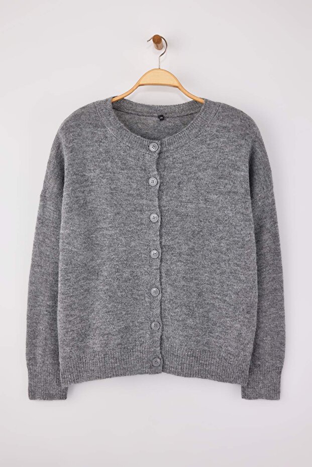 Wardrobe Essentials Antrasit Alpaka Yünü Karışımlı Basic Triko Hırka TBBAW26AV00037 - 5