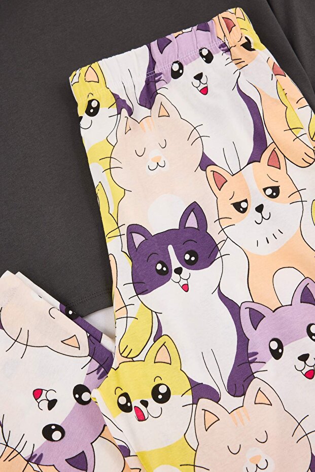 Teen Antrasit Kedi Desenli Pamuklu Likralı Yumuşak Tuşe Örme Pijama Takımı TBBAW26AI00058 - 3