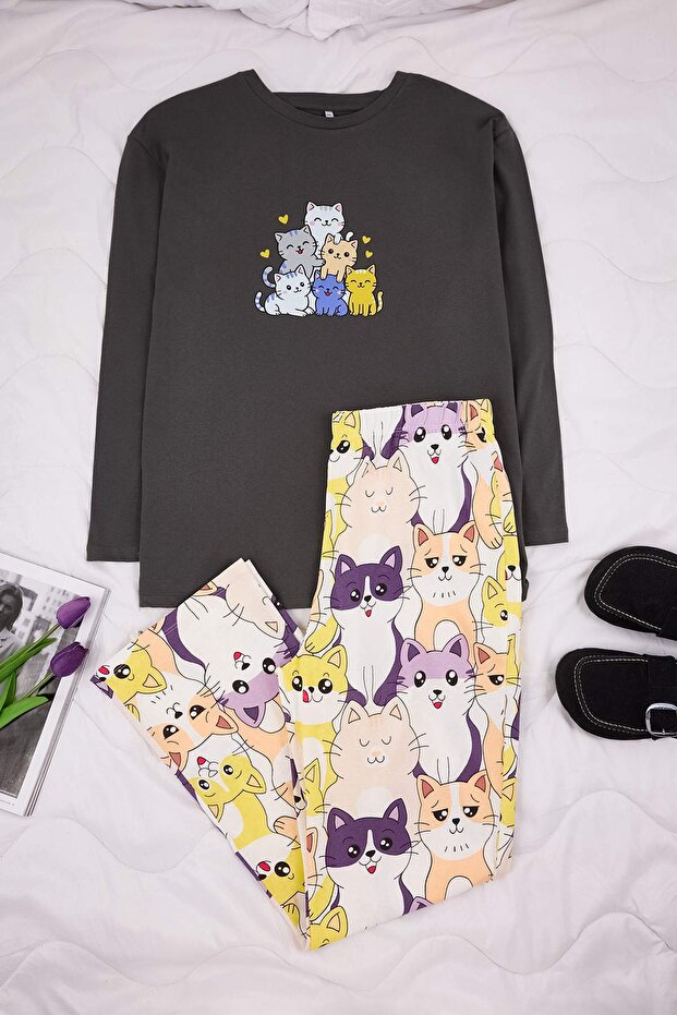 Teen Antrasit Kedi Desenli Pamuklu Likralı Yumuşak Tuşe Örme Pijama Takımı TBBAW26AI00058 - 2