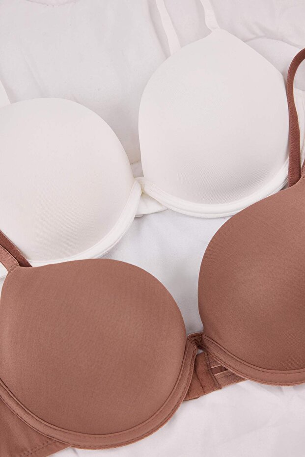 Kahverengi-Bej 2'li Paket Micro Push Up T-Shirt Bra Örme Sütyen THMAW26SU00008 - 3