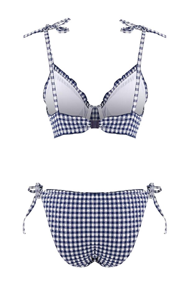 Mavi Ekose Desenli Dokulu Fırfırlı Balconette Kaplı Normal Bel Regular Bikini Takımı TBESS26BT00018 - 7