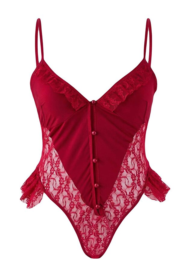 Bordo Dantel Detaylı Fırfırlı Kapsız Fantezi Büyük Beden Body TBBAW26CS00008 - 2