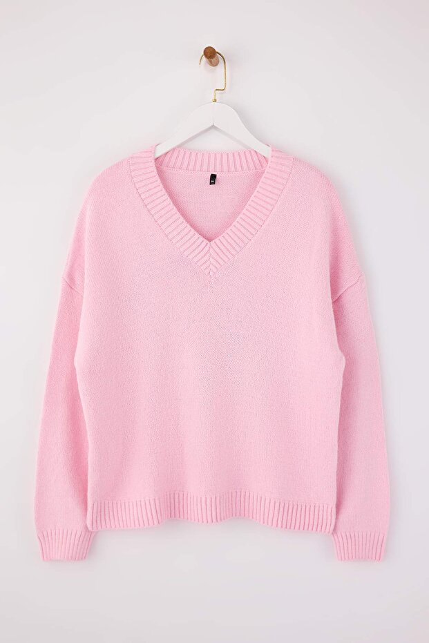 Wardrobe Essentials Pembe Basic Geniş Kalıp Yumuşak Dokulu Triko Kazak TBBAW26AN00069 - 5