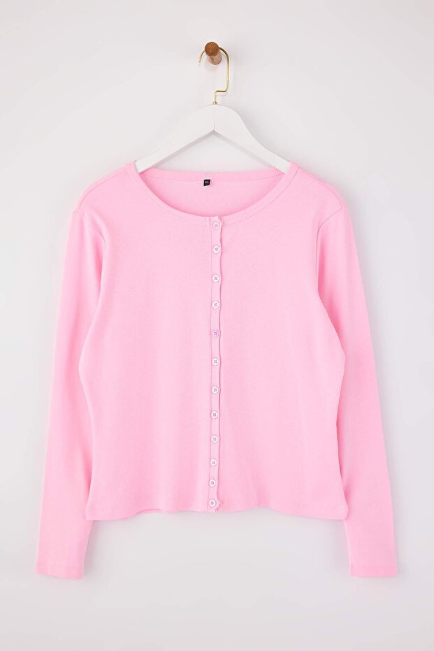 Pembe Düğme Detaylı Crop/Kısa Ribana Örme Büyük Beden Bluz TBBSS26AF00010 - 5