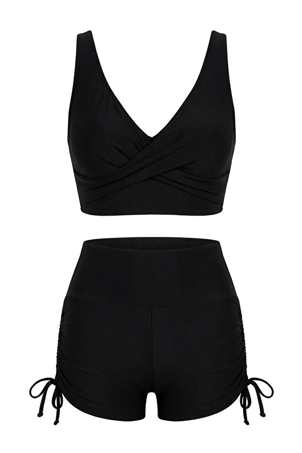 Siyah Tünelli Bralette Kaplı Bağlama Detaylı Şort Bikini Takımı TBESS26BT00007 - 5