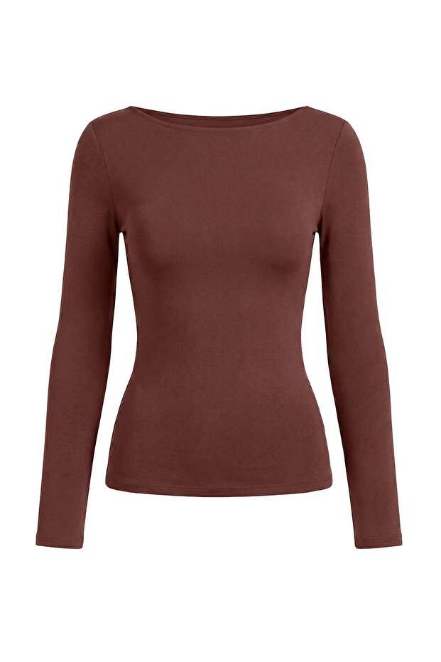 Wardrobe Essentials Kahverengi Yumuşak Dokulu Kayık Yaka İnce Triko Kazak TWOAW26KZ00293 - 10