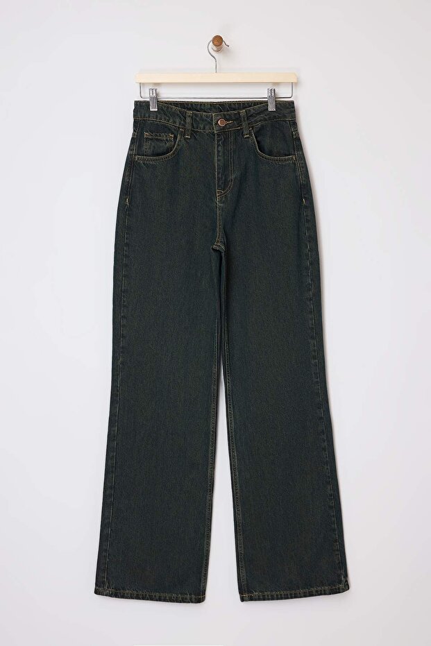 Koyu Haki Kahverengi Yüksek Bel Wide Leg/Geniş Paça %100 Pamuklu Jeans TWOSS26JE00048 - 5