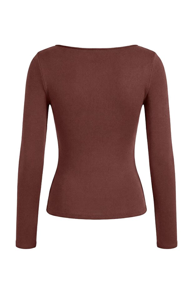 Wardrobe Essentials Kahverengi Yumuşak Dokulu Kayık Yaka İnce Triko Kazak TWOAW26KZ00293 - 11