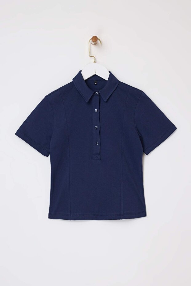 Wardrobe Essentials-Lacivert Regular/Normal Kalıp Dikiş Detaylı %100 Pamuk Örme Bluz TWOSS26BZ00043 - 5