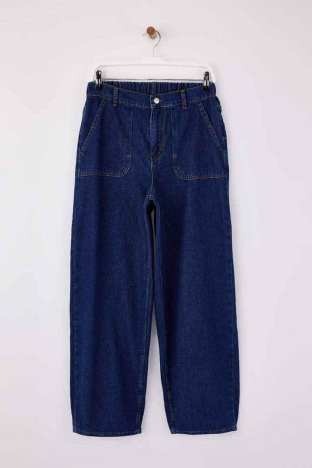 Koyu Mavi DÖKÜMLÜ Beli Lastikli Yüksek Bel %100 Pamuk Baggy Jeans TWOSS26JE00064 - 1
