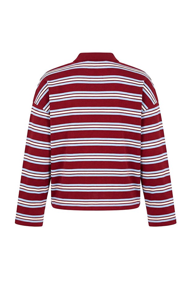 Bordo Çizgili Oversize Büyük Beden T-shirt TBBSS26BF00001 - 8