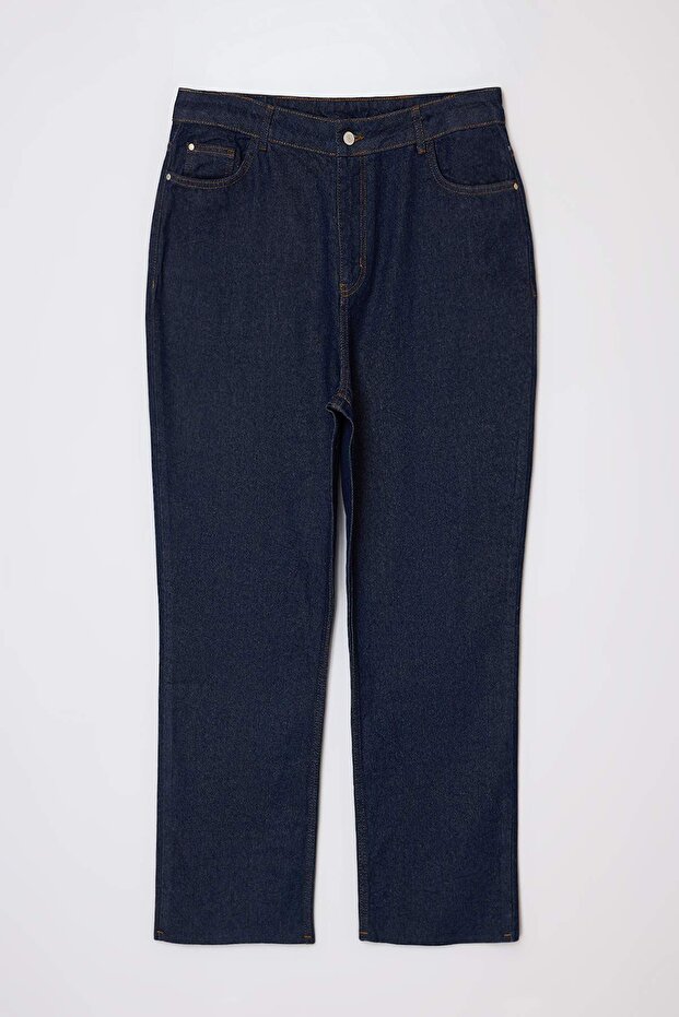 Koyu Mavi Paçası Kesikli Yüksek Bel %100 Pamuk Non-Stretch Straight Fit Jeans TBBAW26CJ00039 - 5