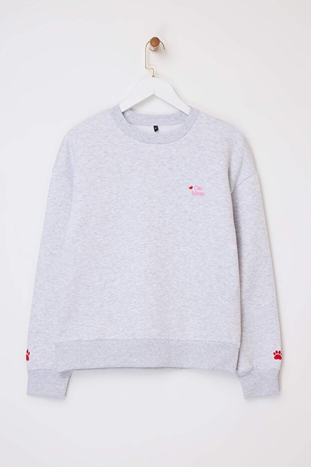 Kar Melanj Cat Mom Grafikli Nakışlı Regular/Normal Kalıp Kalın Örme Sweatshirt TWOAW26SW00200 - 5