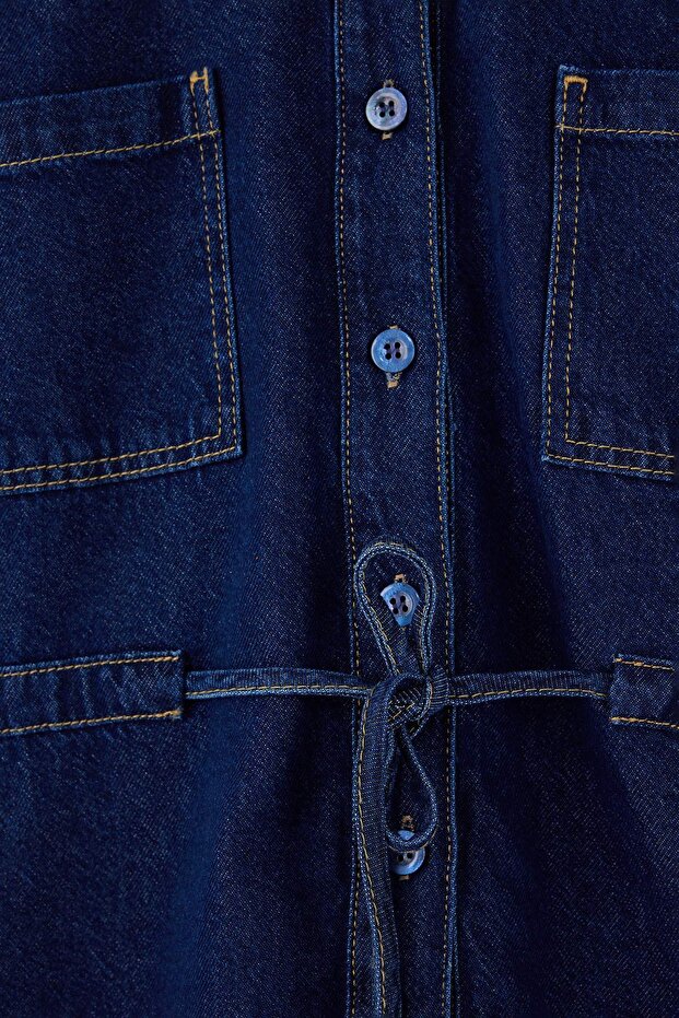 Koyu Mavi Belden Bağlamalı Tencel Karışımlı Denim Gömlek TWOSS26GO00006 - 7