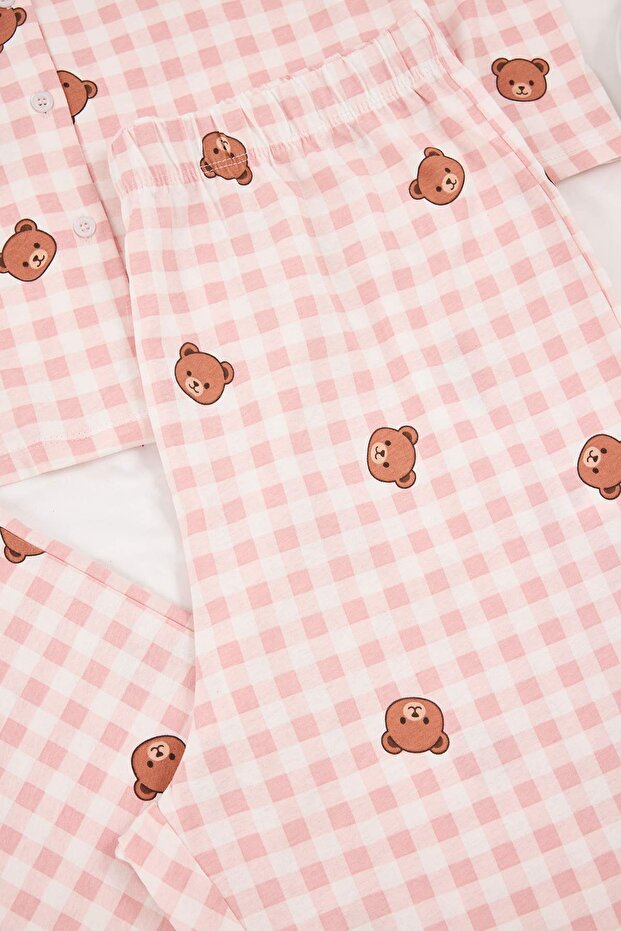 Bej Ayıcık Desenli Kareli Gömlek Yaka Büyük Beden Pijama Takımı TBBSS26AI00008 - 3