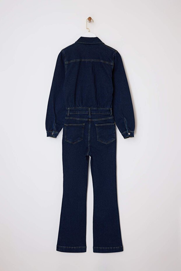 Limited Edition Koyu Mavi Uzun Kollu Geniş Paça Az Esnek Denim Tulum TWOSS26TU00002 - 2