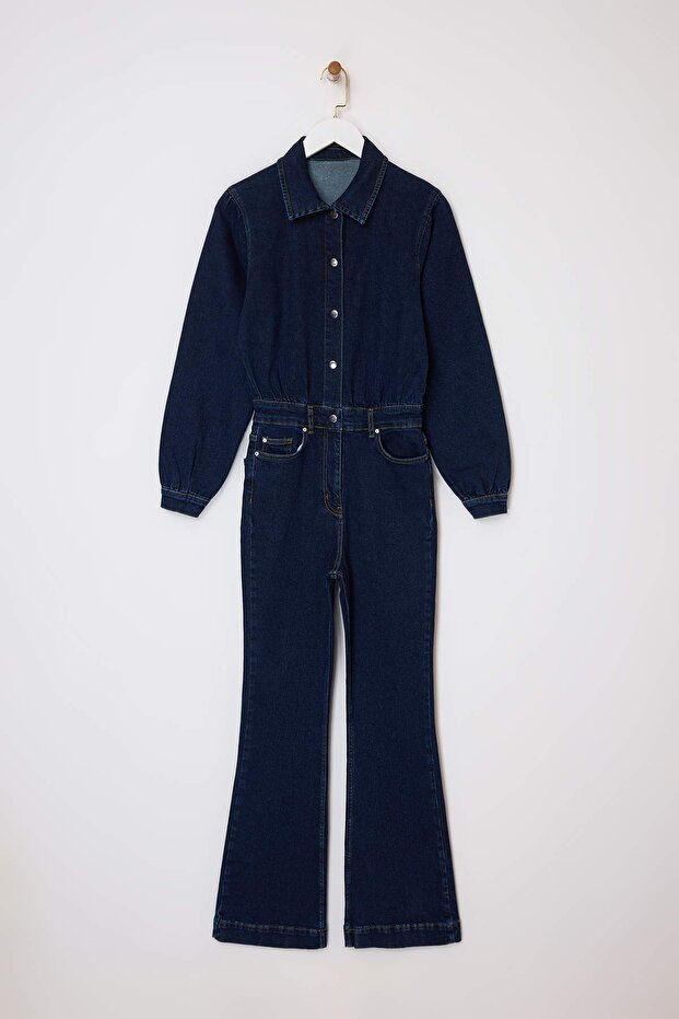 Limited Edition Koyu Mavi Uzun Kollu Geniş Paça Az Esnek Denim Tulum TWOSS26TU00002 - 1