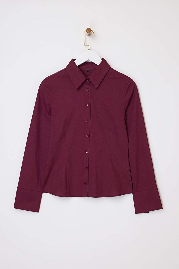 Wardrobe Essentials Mürdüm Hafif Bele Oturan Pamuklu Dokuma Gömlek TWOAW26GO00022 - 5
