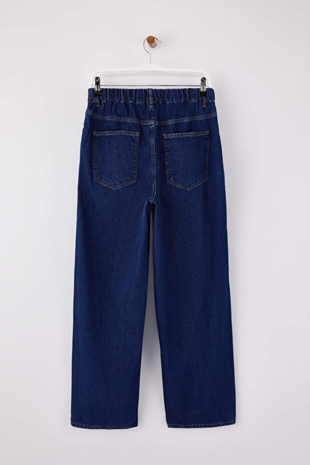 Koyu Mavi DÖKÜMLÜ Beli Lastikli Yüksek Bel %100 Pamuk Baggy Jeans TWOSS26JE00064 - 2
