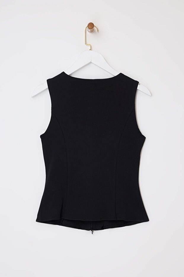 Wardrobe Essentials-Siyah Fitted/Vücuda Oturan Fermuarlı Kolsuz İnterlok Örme Bluz TWOSS26BZ00012 - 6