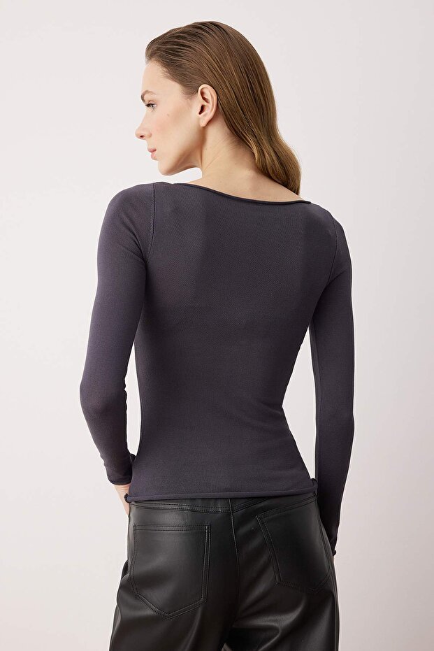 Wardrobe Essentials Antrasit Yumuşak Dokulu Kayık Yaka Triko Kazak TWOAW26KZ00293 - 8
