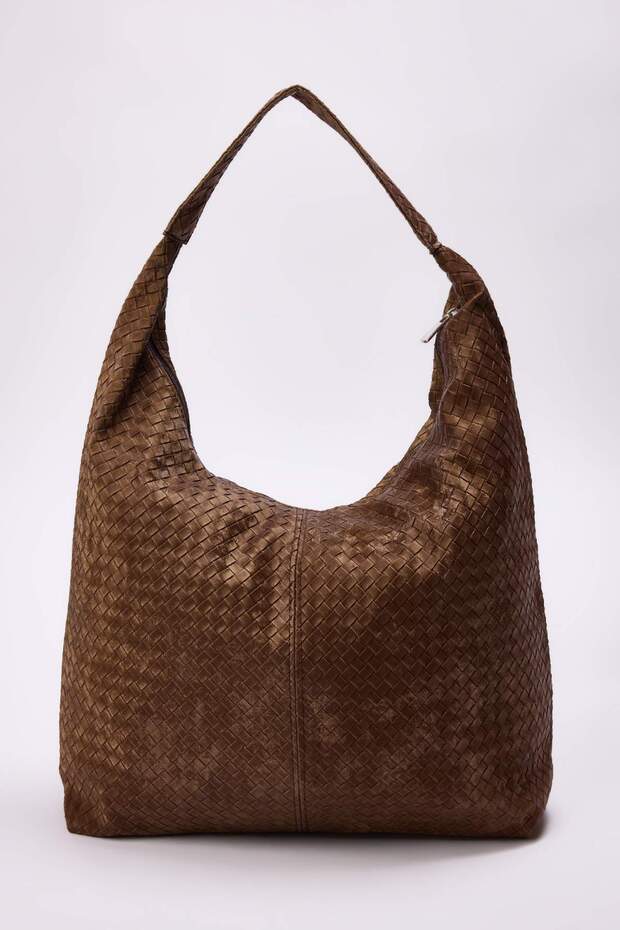 Kahverengi Örgü Desenli Büyük Maxi Tote Kadın Maksi Boy Omuz Çantası TAKAW26OC00045 - 1