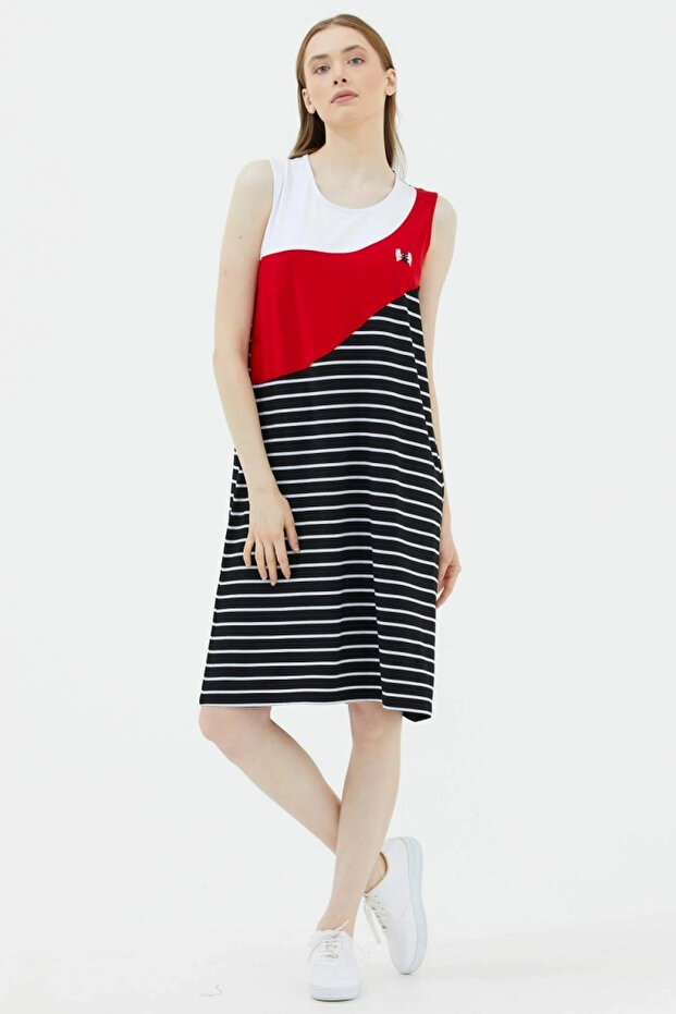 Kalın Askılı Çizgili Elbise - Siyah - 1