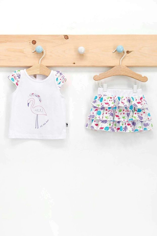 Base. Polo Assn Licensed Flamingo White Baby Girl Short Sleeve Skirt Set