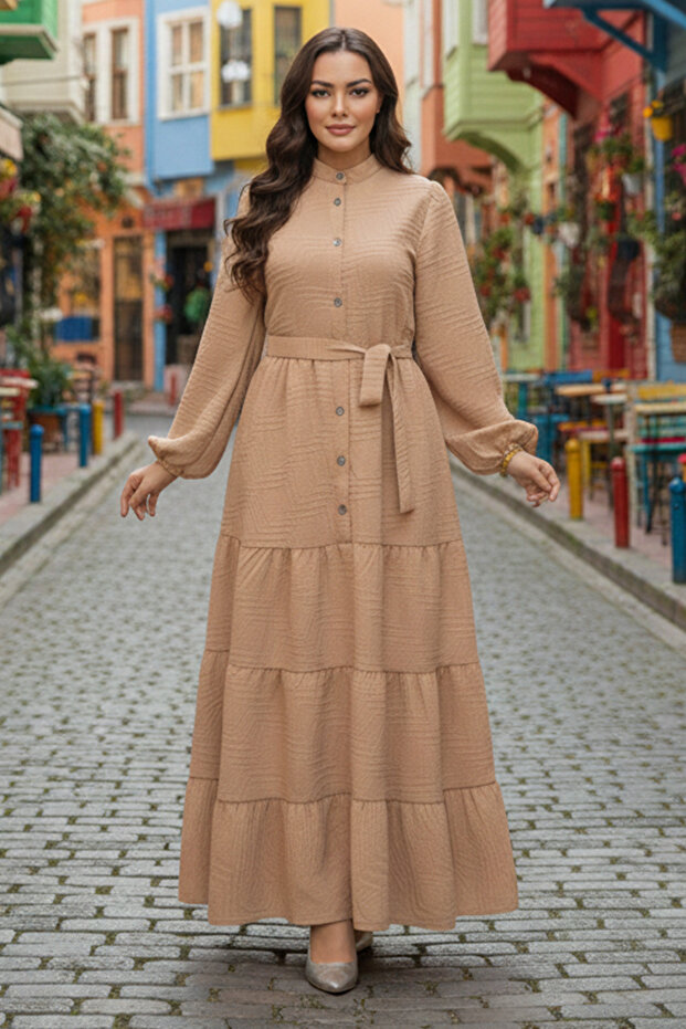 Embossed Patterned Dress Beige 2119 - 1
