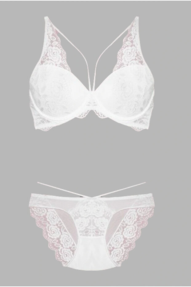 Women's Ecru Black Padded Push Up Lace Bra Panty Set