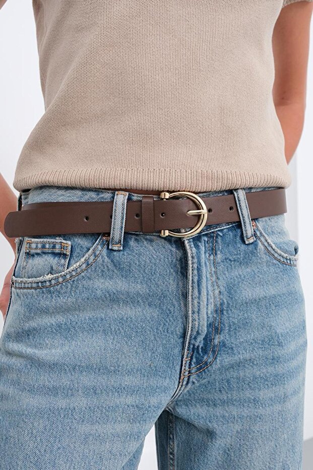 Classic Faux Leather Belt with Oval Buckle Brown