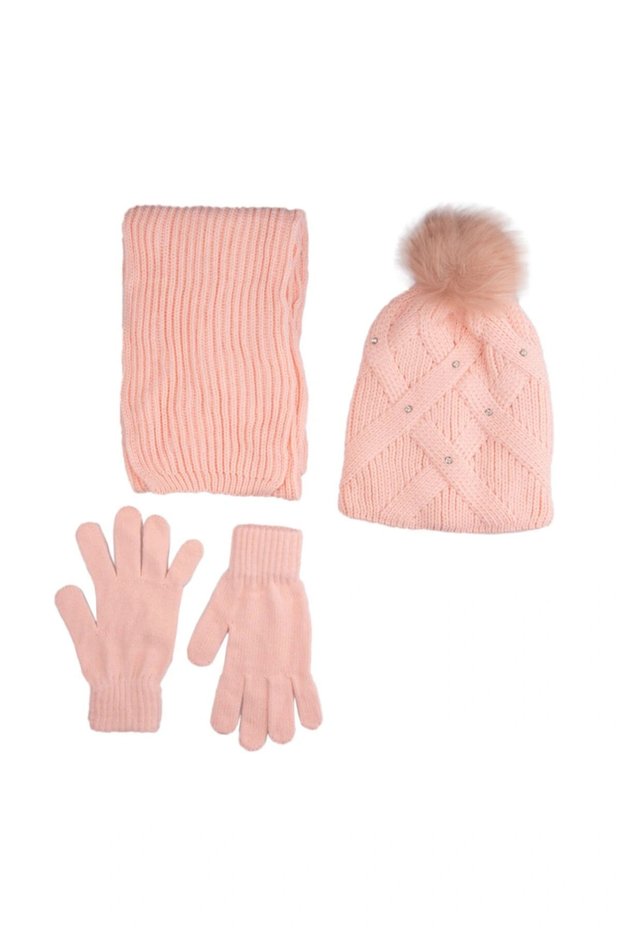 Salmon Color Scarf Beanie Gloves Set 9-15 Years Old with Pompom and Stones No Pilling