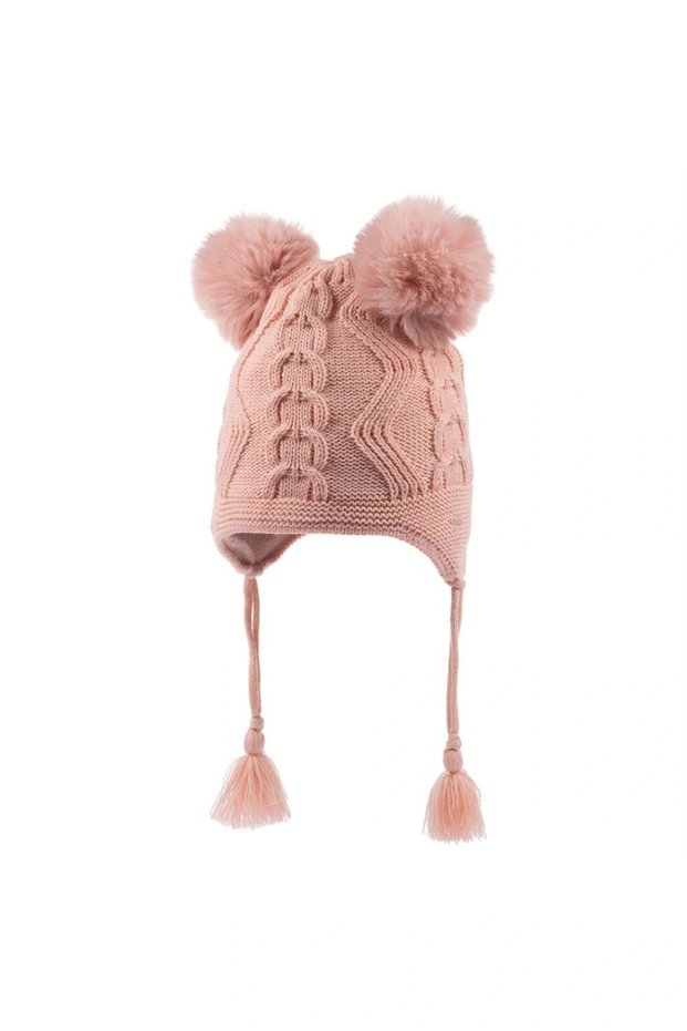 4-8 Girls' Fleece Beanie with Double Pompoms, 100% Acrylic Anti Pilling