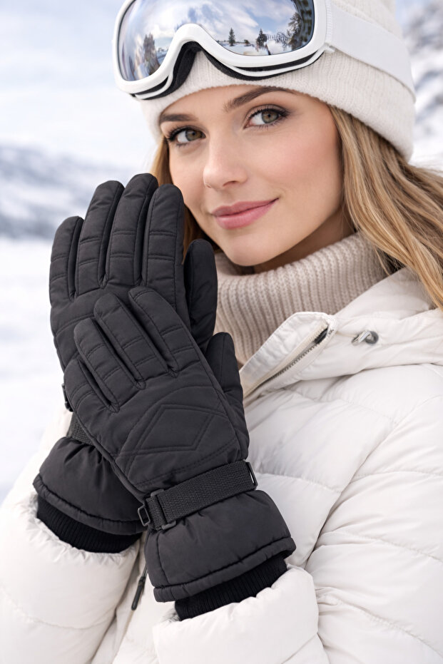 Women's Waterproof Fleece Lined Black Ski & Snow Gloves