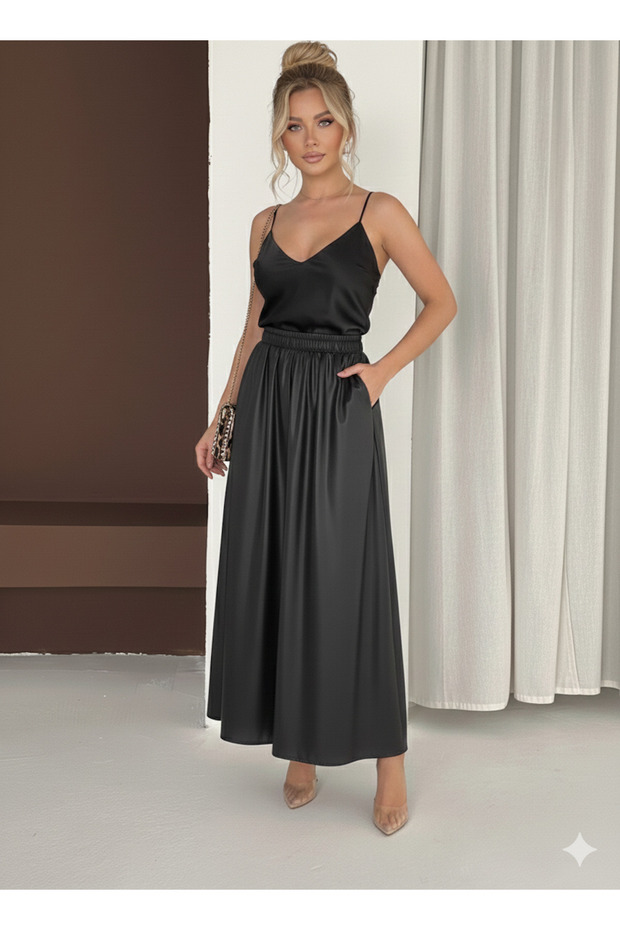 Women's Black Color Flowy Skirt with Side Pockets 4 Transitional Leather-Look Fabric Length 95 cm