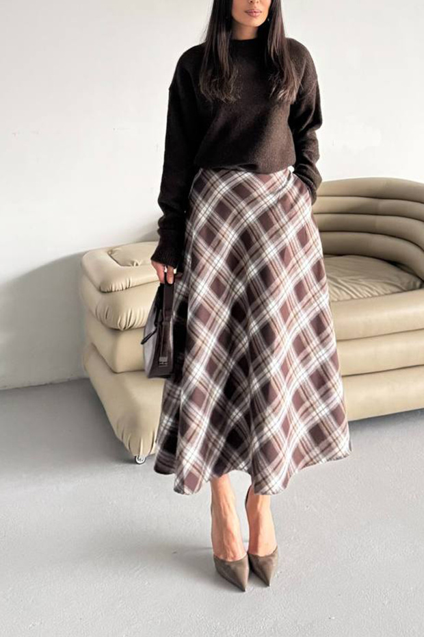 Women's Brown High Waist Plaid Pattern Double Pocket Bell Midi Skirt