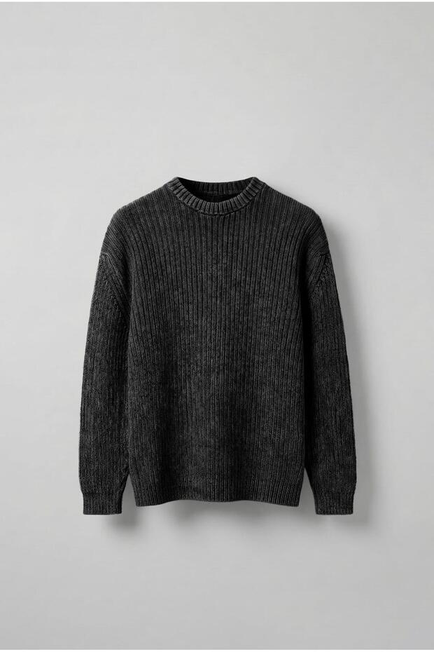Men's Oversize Washed Effect Basic Sweater Black - 1