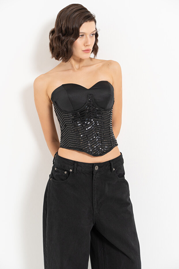 Siyah Pullu Kalp Yaka Büstiyer - 1